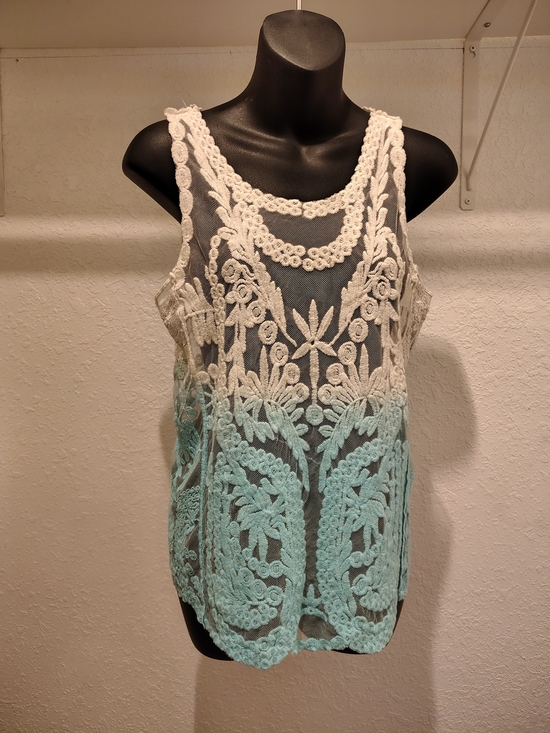 Breeze Ever Tops - Crochet Lace Tank Top - White to Soft Blue Ombre